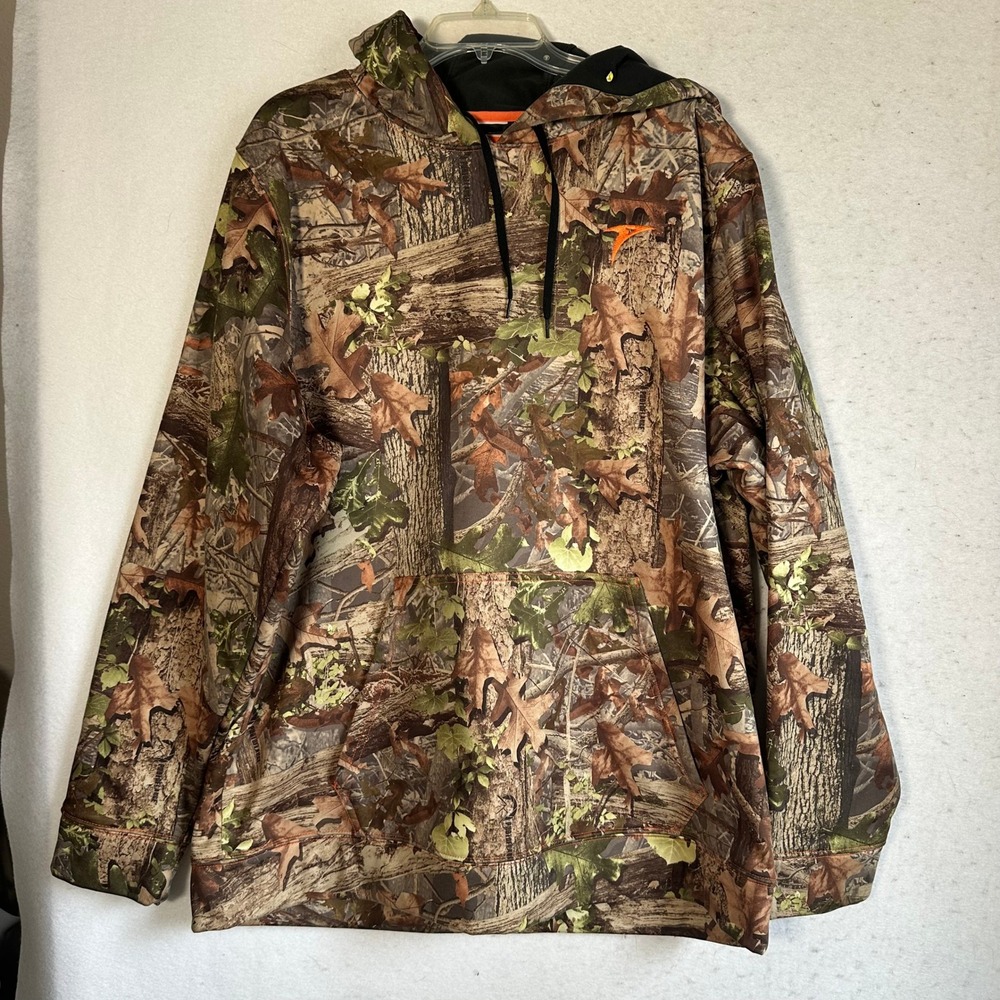 Plythal Mens XXL Camo Hoodie Performance Fleece Hunting Sweatshirt Brown Orange